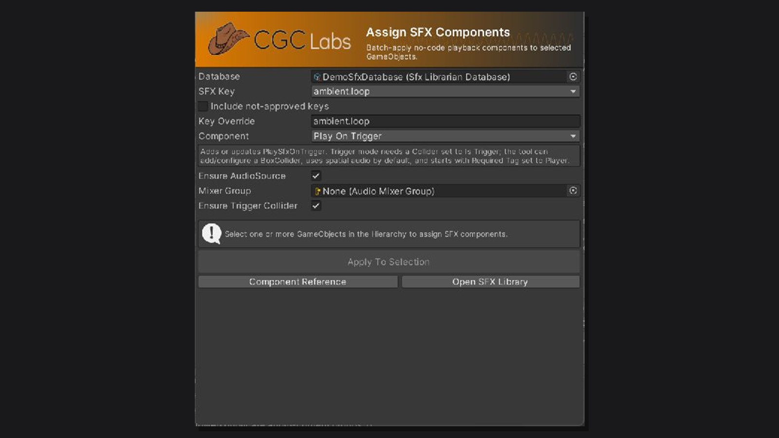 SFX Librarian Assign SFX Components panel with no-code playback component options