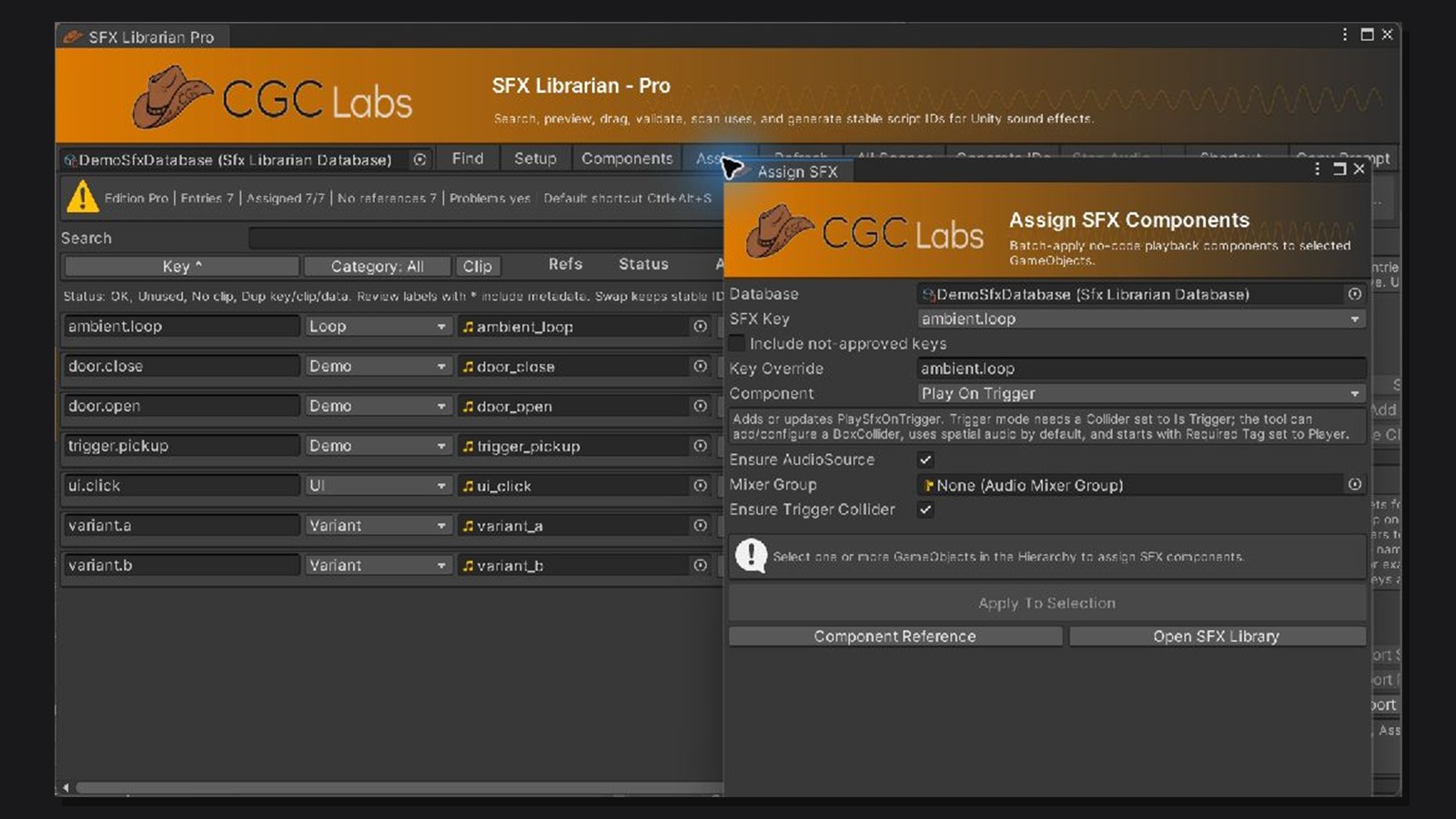 SFX Librarian library window beside Assign SFX Components panel