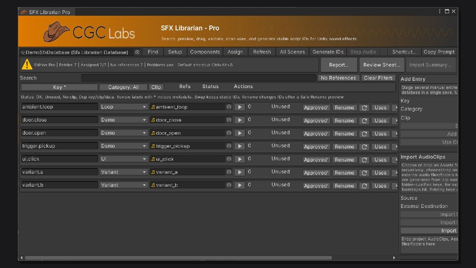 SFX Librarian Pro window showing DemoSfxDatabase entries, search, and import controls